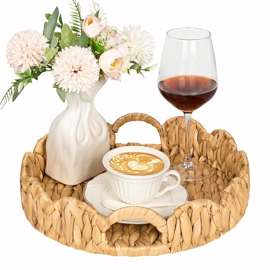 Scalloped Edge Round Serving Tray, Handwoven Rattan Tray with Built-in Handles, Decorative Scallo... | Amazon (US)