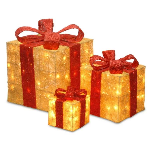 National Tree 6", 10" and 14" Assorted Gold Sisal Gift Boxes with 20, 20 and 35 Clear Lights - Wa... | Walmart (US)