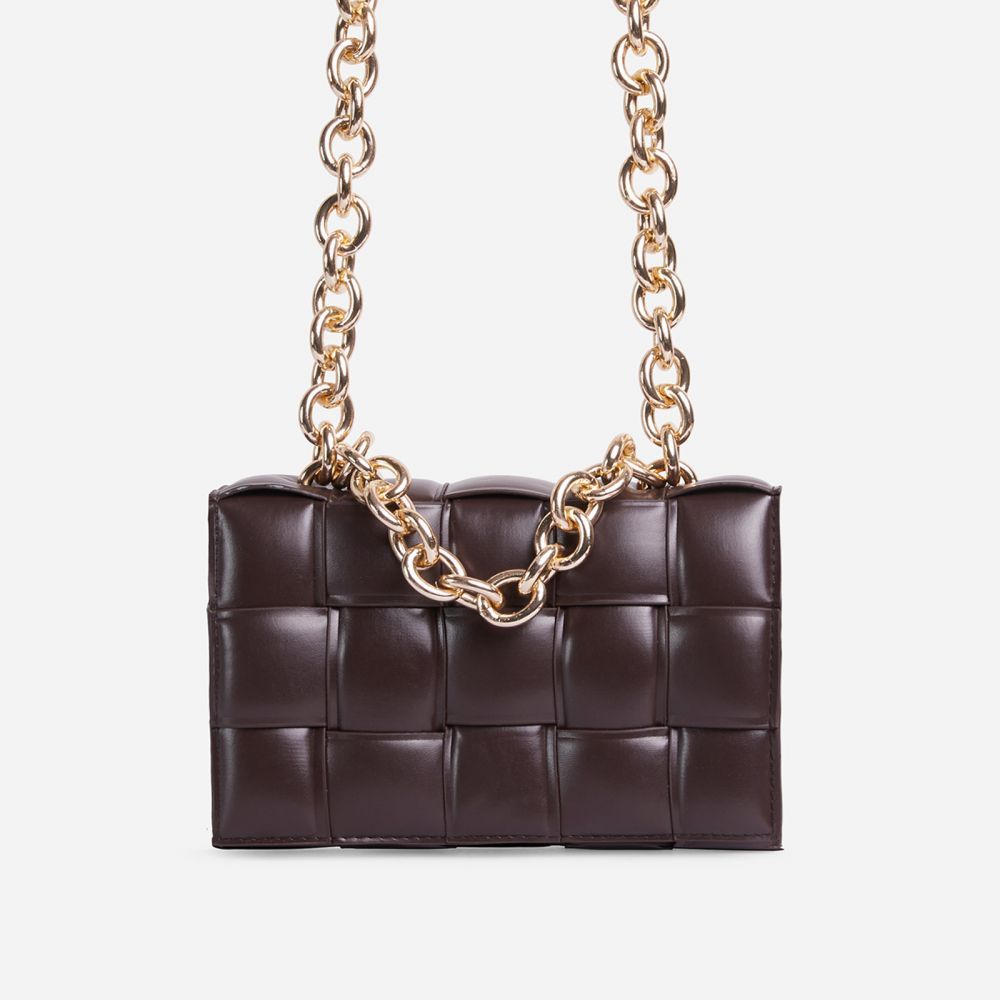 Jackson Chain Detail Quilted Shoulder Bag In Dark Brown Faux Leather | EGO Shoes (US & Canada)