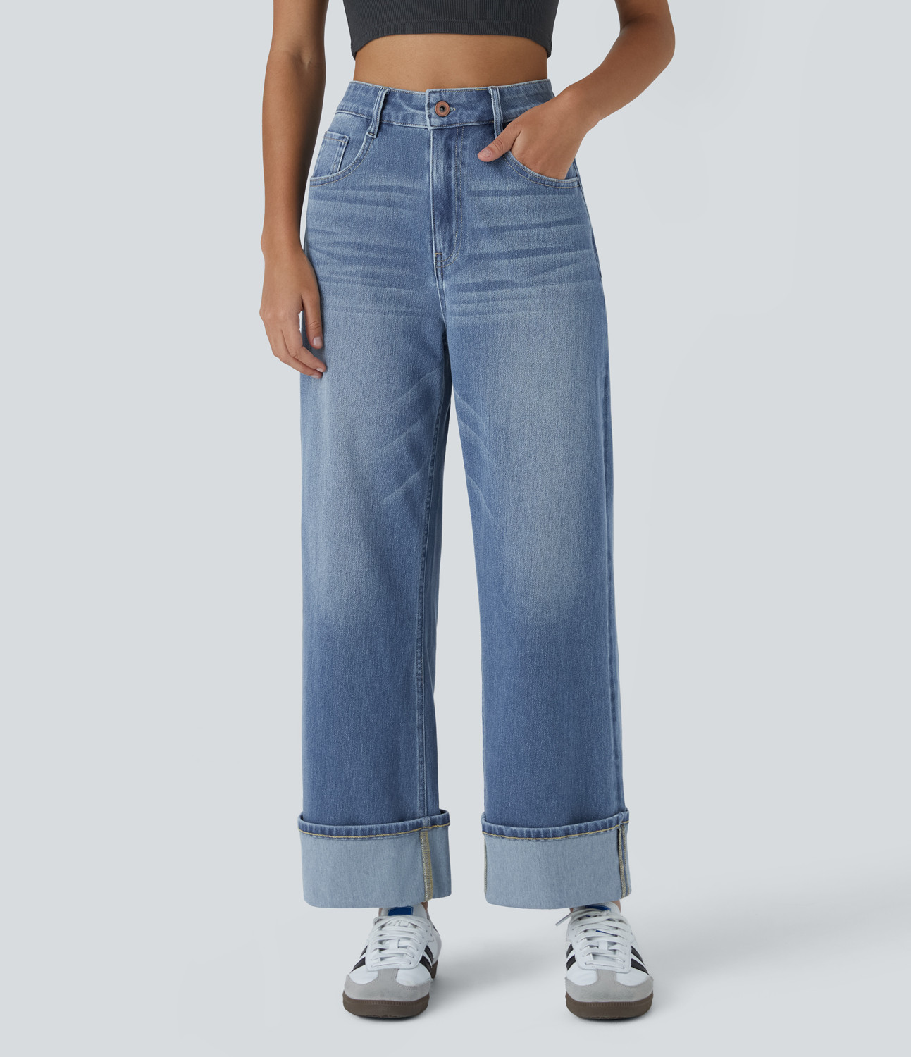 Halara Halara Flex™ High Waisted Multiple Pockets Rolled Hem Wide Leg Washed Stretchy Knit Casual Jeans - Cedar Blue Denim - S(regular) | HALARA