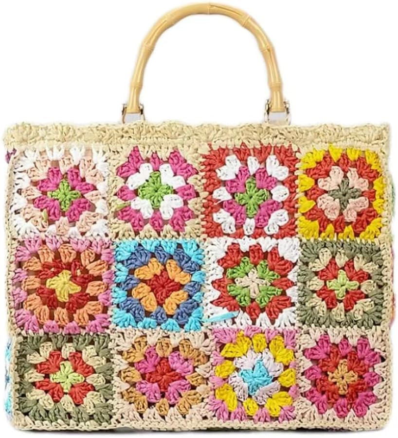 Color Clashing Straw Bag Women Pure Handmade Paper Woven Bag Vintage Bamboo Tote Vacation Shoulde... | Amazon (US)