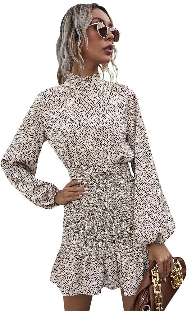 Floerns Women's All Over Print Lantern Long Sleeve Ruffle Bodycon Mini Dress | Amazon (US)