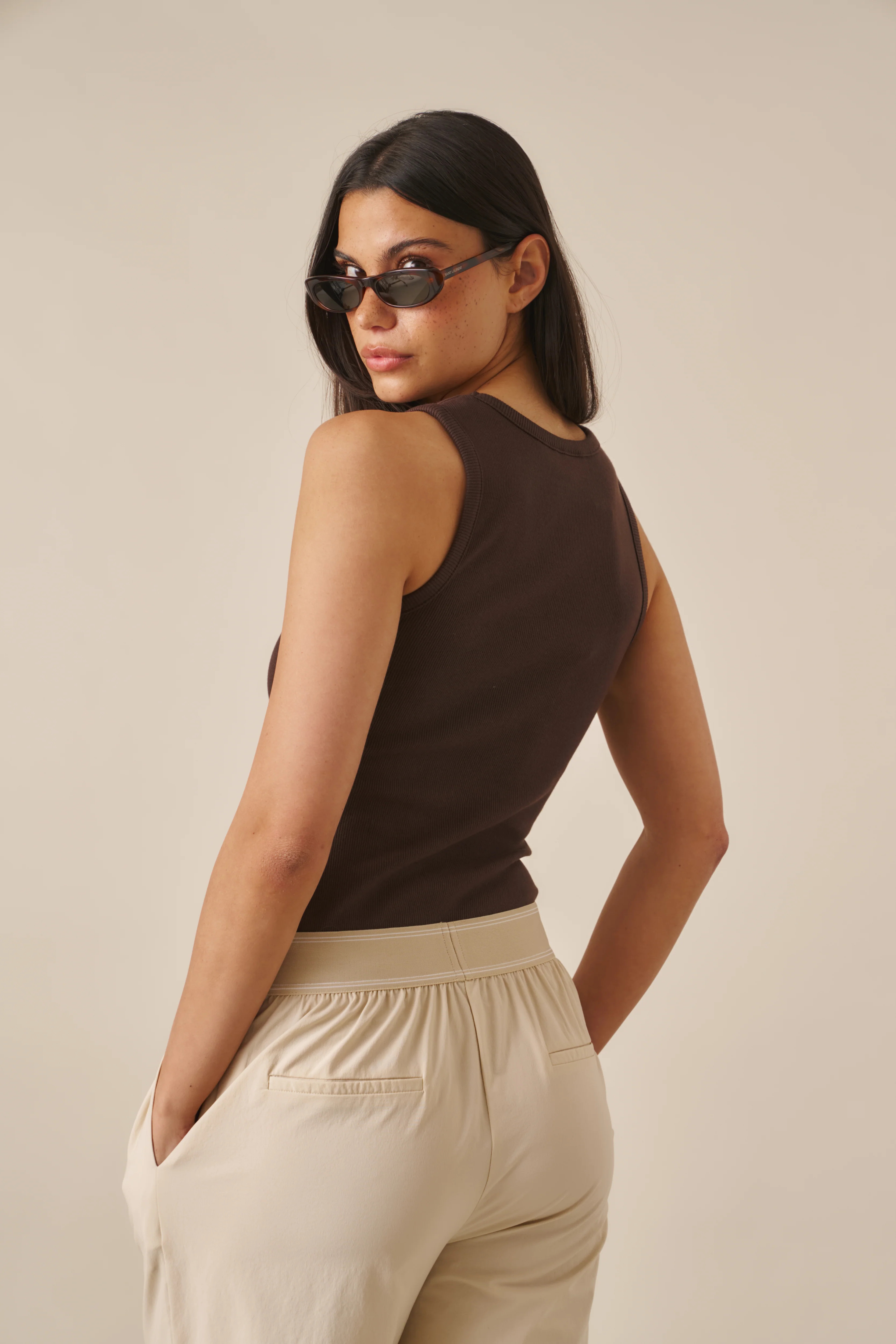 Ribbed Emblem Vest Top - Espresso | Reasn
