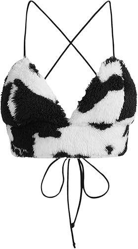 WDIRARA Women's Cow Pattern Fuzzy Cami Top Color Block Crisscross Tie Backless Camisole Crop Tops | Amazon (US)