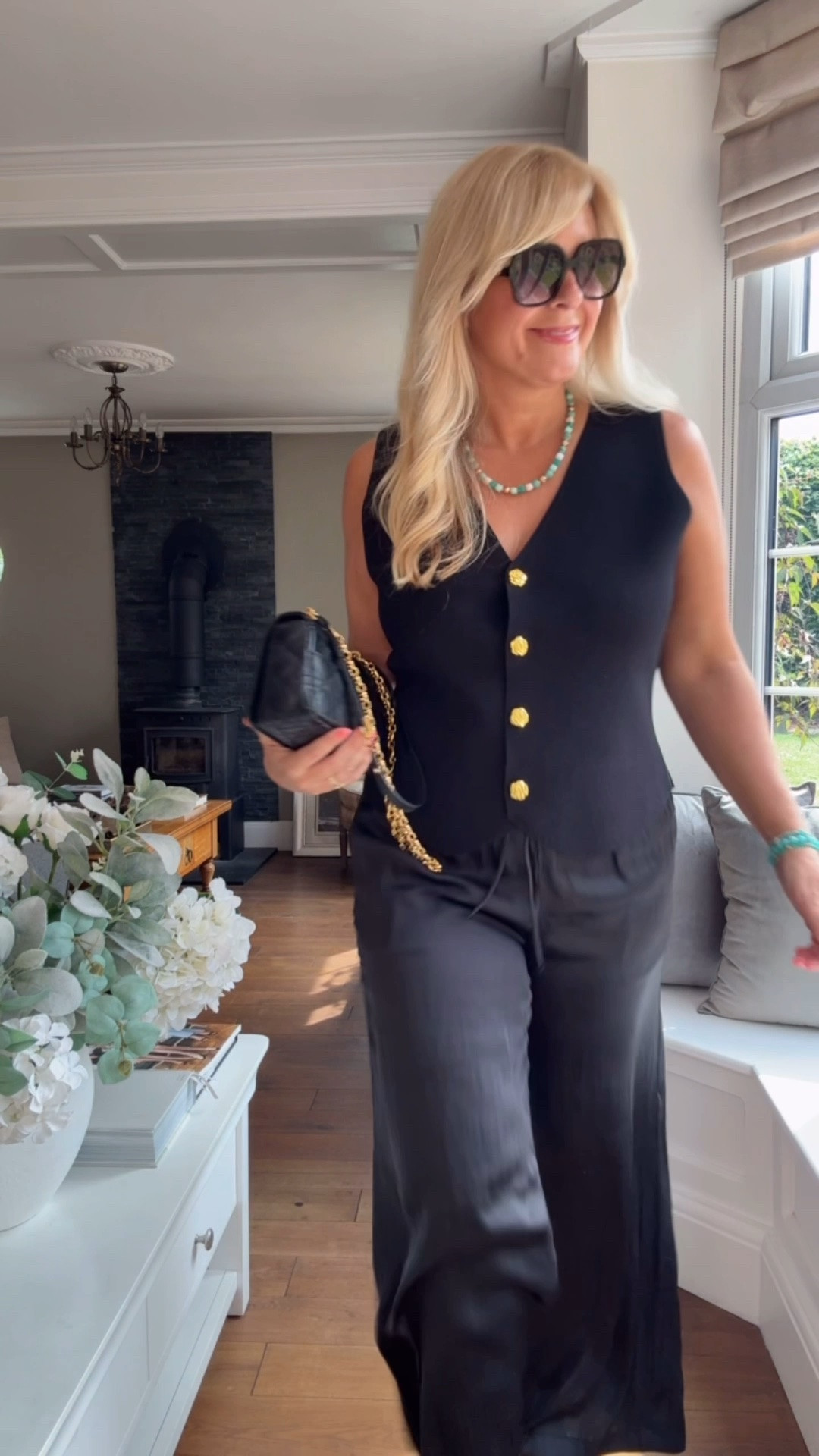 Date night outfit inspo 🖤✨🩵
Black waistcoat satin trousers summer look Gold sandals turquoise jewellery

#LTKuk #LTKsummer #LTKover50style