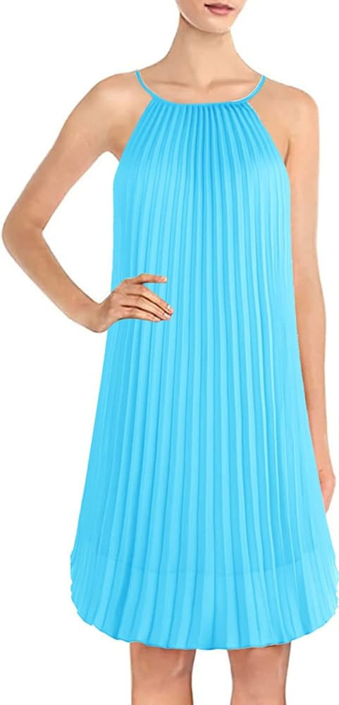 Ellames Women's Summer Spaghetti Strap Pleated Casual Swing Midi Dress with Belt | Amazon (US)