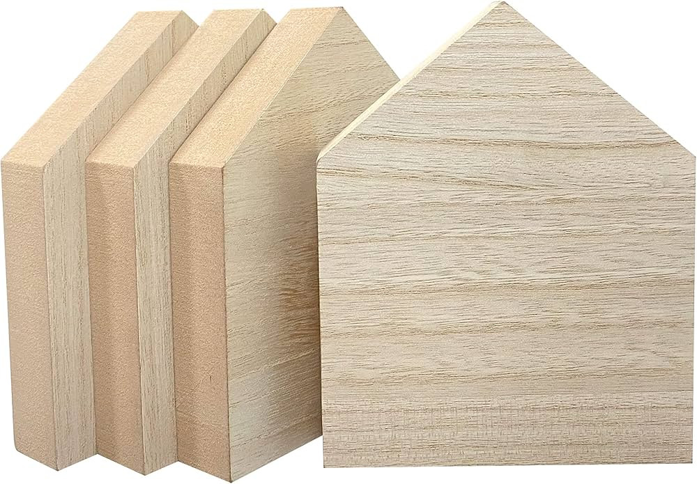 6 Inch 4 Pieces Unfinished Wooden House Shaped Blocks for Crafts Blank Wood House Freestanding Mo... | Amazon (US)