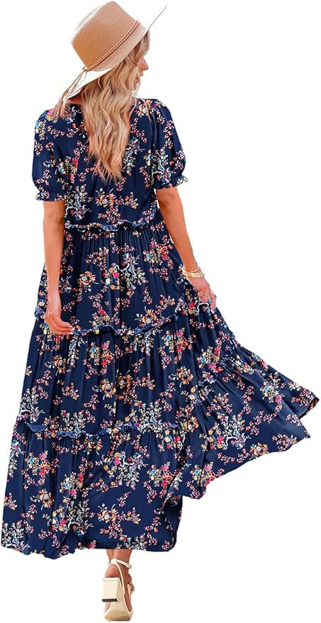 YESNO Summer Casual Bohemian Floral Dresses for Women Puff Short Sleeve Long Maxi Dress with Pock... | Amazon (US)