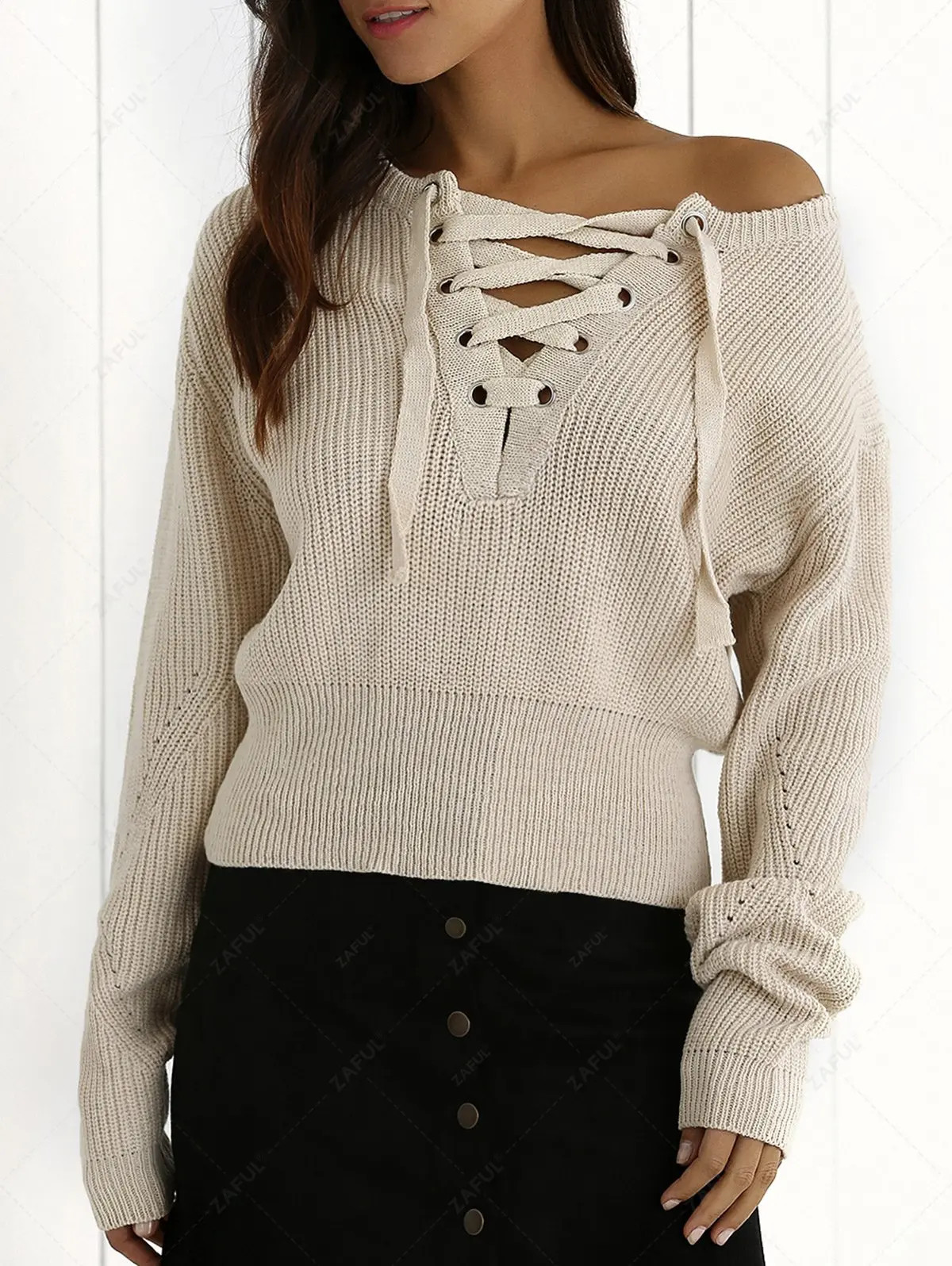 Ribbed Lace Up Cropped Jumper | ZAFUL (Global)