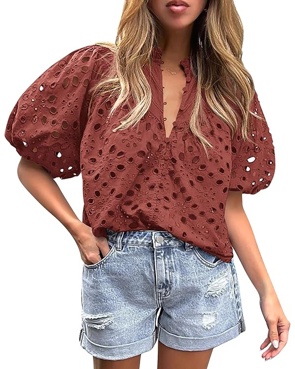 PRETTYGARDEN Women's Summer Tops Dressy Casual Short Lantern Sleeve V Neck Buttons Hollow Out Lac... | Amazon (US)