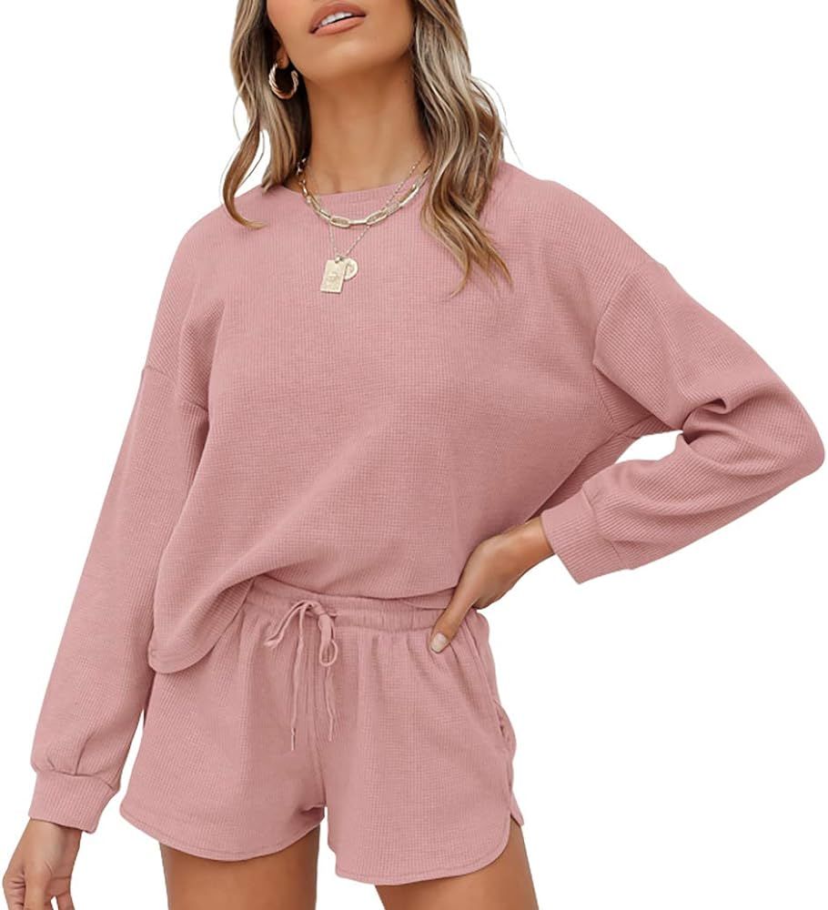 Women's Waffle Knit Long Sleeve Top and Shorts Pullover Nightwear Lounge Pajama Set with Pockets | Amazon (US)