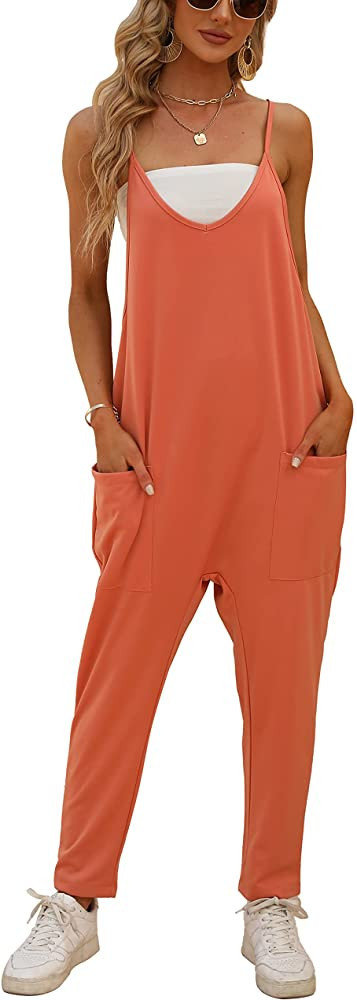 SeekMe Women's Loose V Neck Jumpsuits Sleeveless Spaghetti Strap Long Pants Harem Overalls with P... | Amazon (US)