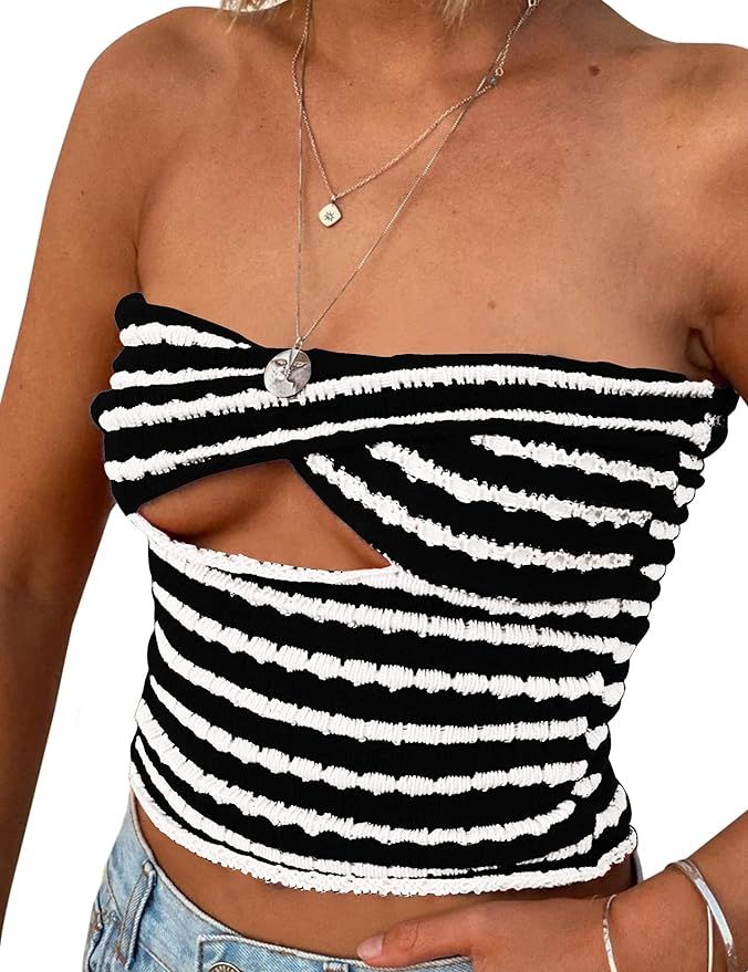 MISSACTIVER Women Striped Knit Bandeau Top Sexy Strapless Sleeveless Twist Front Hollow Out Backl... | Amazon (US)
