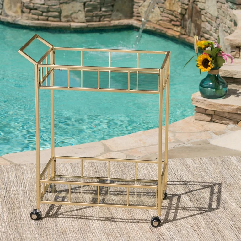 Outdoor Modern Glam Iron and Glass Bar Cart, Gold - Walmart.com | Walmart (US)