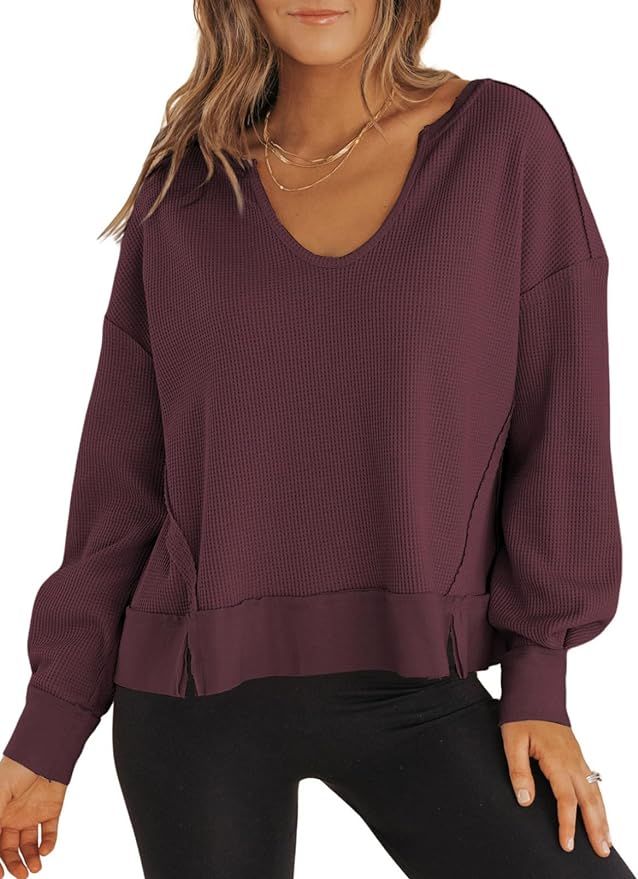 Dokotoo Womens Crop Tops Casual Long Sleeve Shirts Waffle Knit Cropped Sweatshirts Pullover Sweat... | Amazon (US)