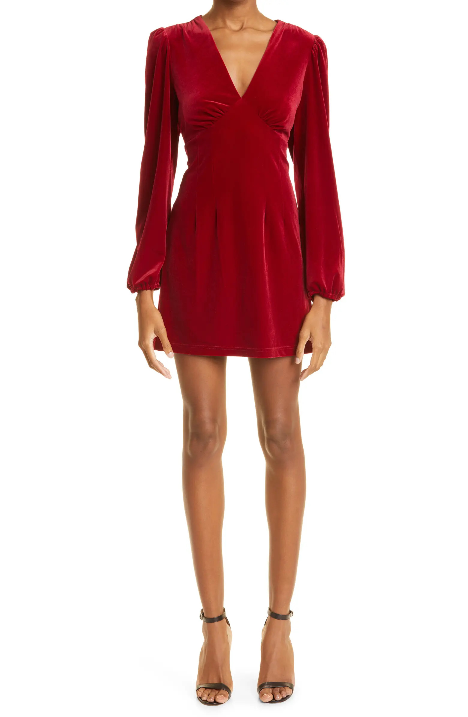 Nicole Miller Puff Long Sleeve Deep V-Neck Velvet Minidress | Nordstrom | Nordstrom