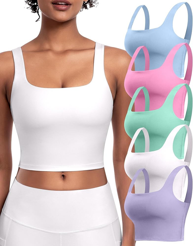 Womens Sports Bras 5 Packs - Square Neck Longline Workout Crop Tank Tops Padded Yoga Camisole wit... | Amazon (US)