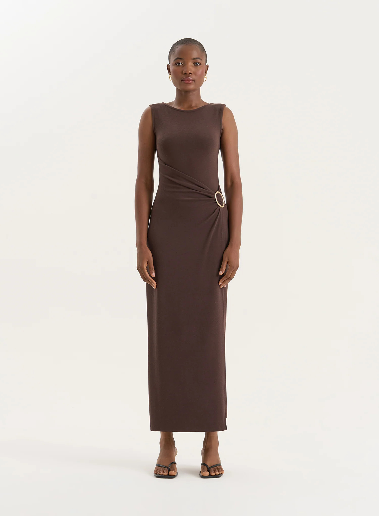 Chocolate Gathered Waist Jersey Maxi Dress- Nia | 4th & Reckless
