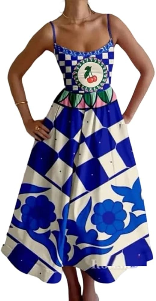 Women's Graphic Print Summer Spaghetti Strap Midi Dress A-Line Flared Dress for Beach Vacation & ... | Amazon (US)
