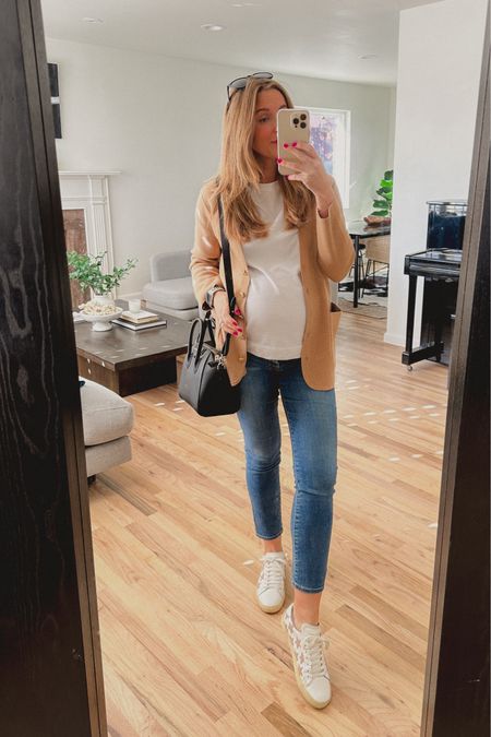 Pregnancy style | pregnancy OOTD cardigan jeans and white sneakers outfit | bump outfit 

#LTKbump #LTKitbag #LTKshoecrush