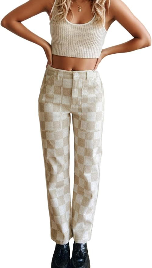 Womens Checkered Pants Zip Off Plaid Gingham Pants Casual Elastic High Waist Straight Leg Jeans w... | Amazon (US)