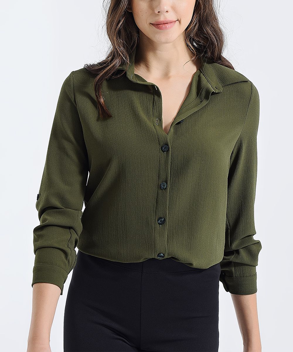 New Laviva Women's Button Down Shirts Khaki - Olive Button-Up - Women | Zulily