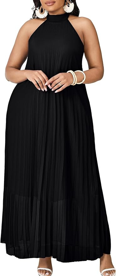 FANDEE Maxi Dress for Women Plus Size Casual Sleeveless Chiffon Halter Neck Pleated Loose Long Dr... | Amazon (US)