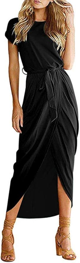 Qearal Women Summer Short/3/4 Sleeve Belted Dress Elastic Waist Slit Long Maxi Dress | Amazon (US)