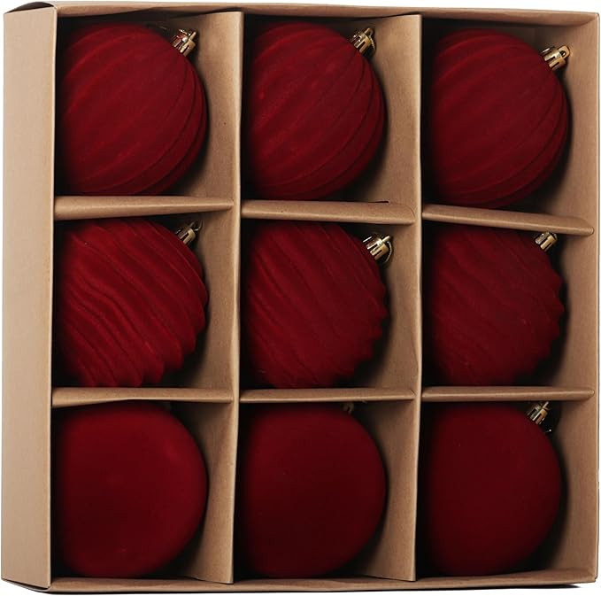 Senjie 3.94 inch Burgundy Velvet Christmas Ornaments Balls Flocked Christmas Tree 9PCS Plastic Ba... | Amazon (US)