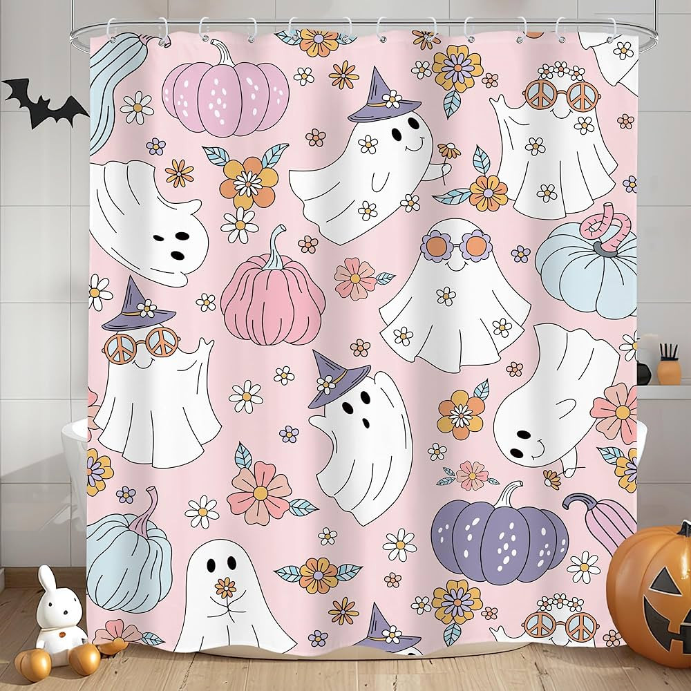 LIGHTINHOME Halloween Shower Curtain 60Wx72H Inches 70s Retro Funny Ghost Y2K Cute Autumn Pumpkin... | Amazon (US)
