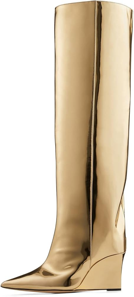 Arqa Liquid Metallic Knee High Boots Pointed Toe Shiny Chrome Wedge Heel Boot Pull-on Tall Boots | Amazon (US)