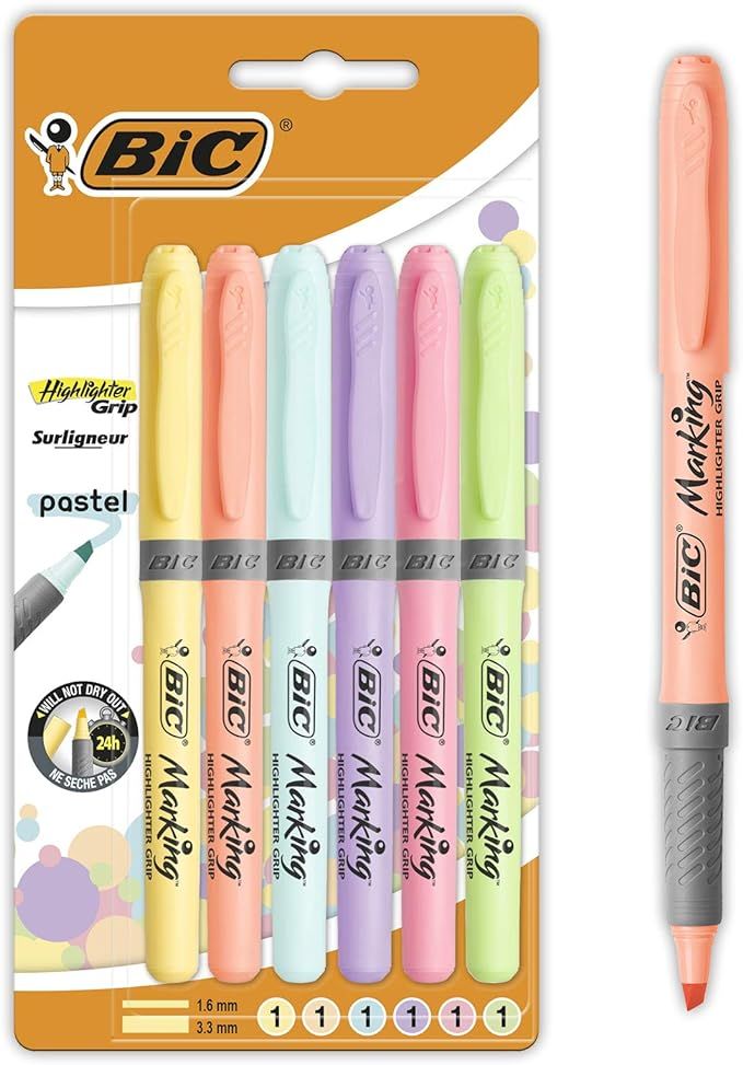 BIC Highlighter Grip Pastel, Highlighter Pens with Adjustable Chisel Tip, Assorted Colours, Pack ... | Amazon (US)