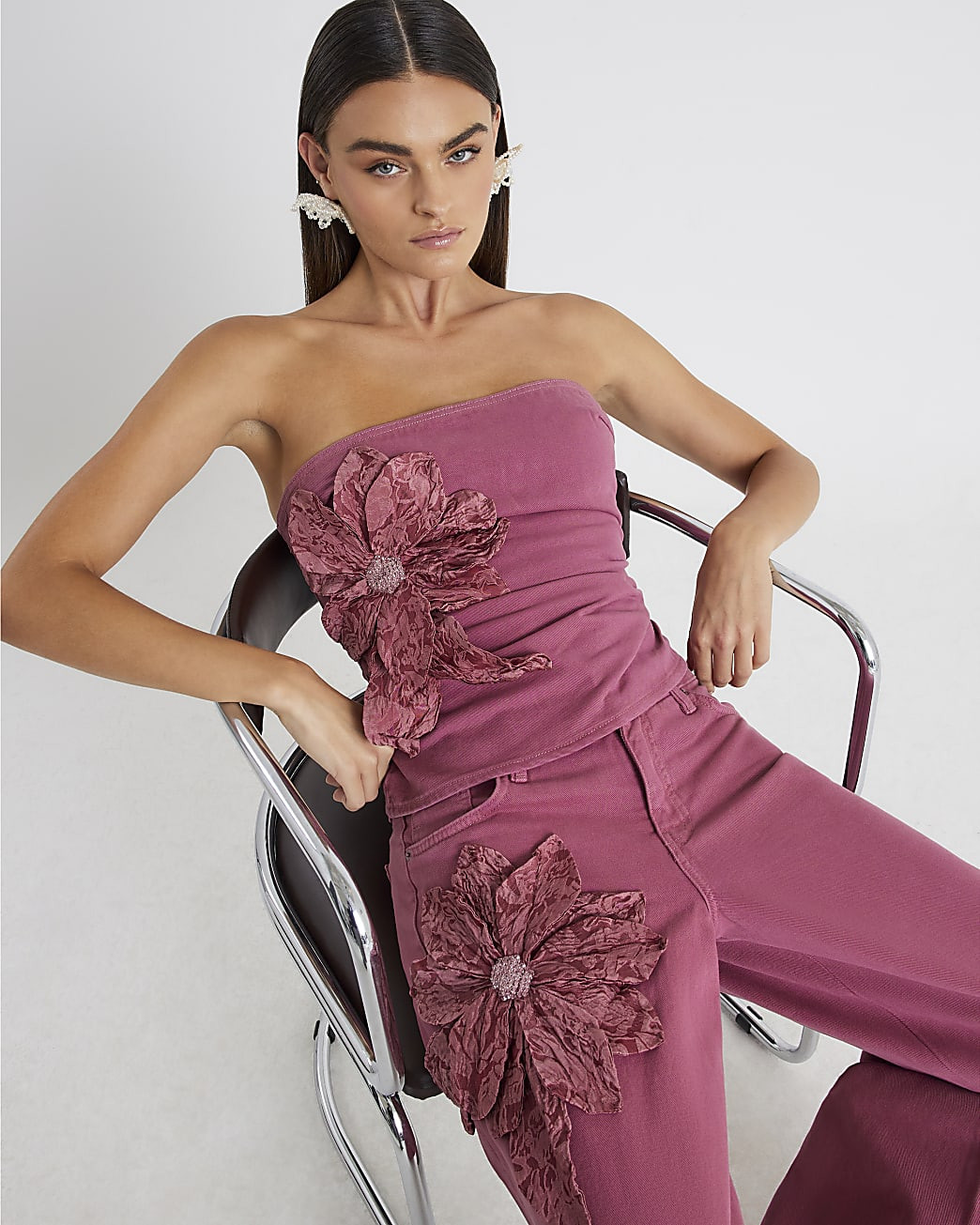 Pink Denim Sleeveless Flower Bandeau Top | River Island UK & IE