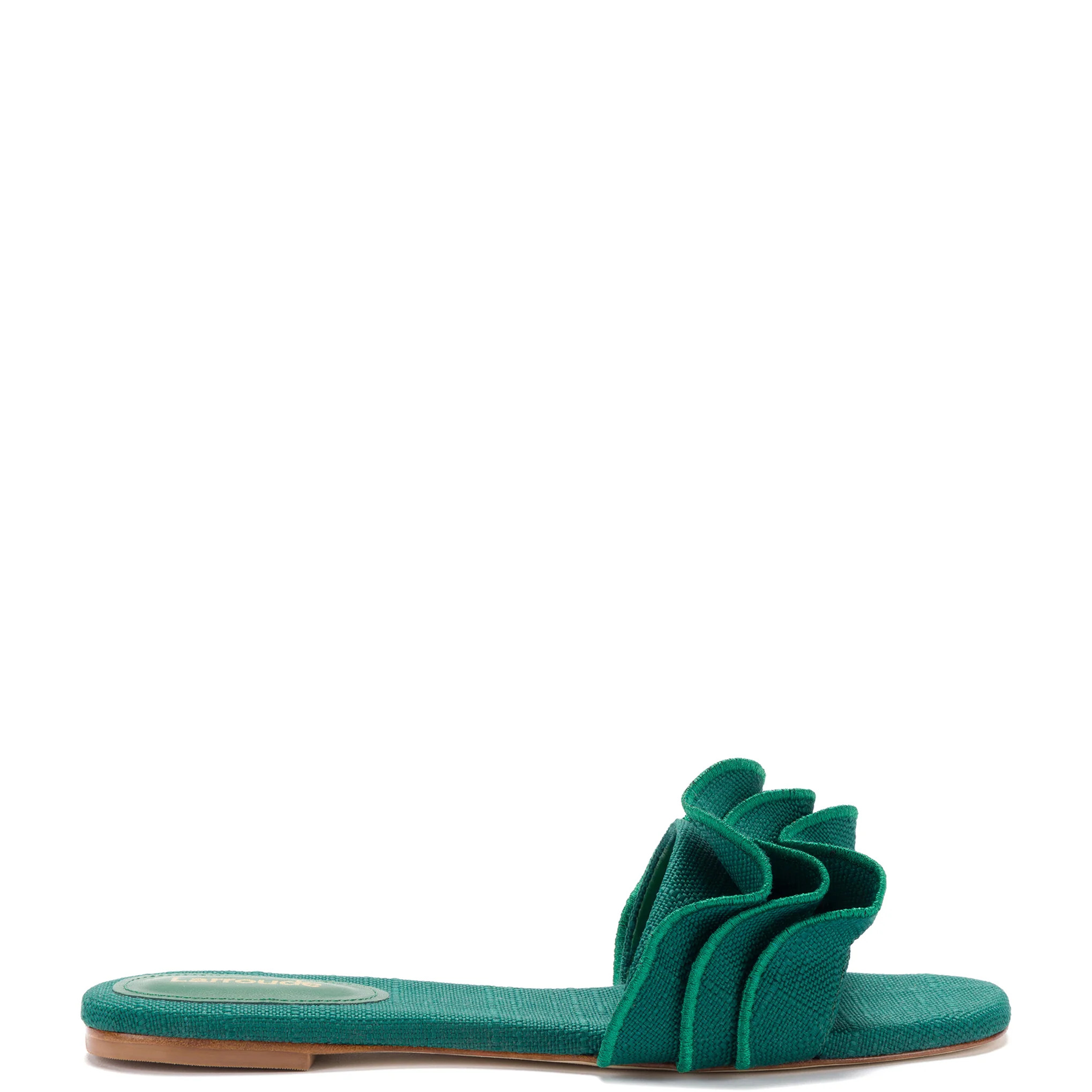 Ivy Ruffle Flat Mule In Emerald Raffia | Larroude