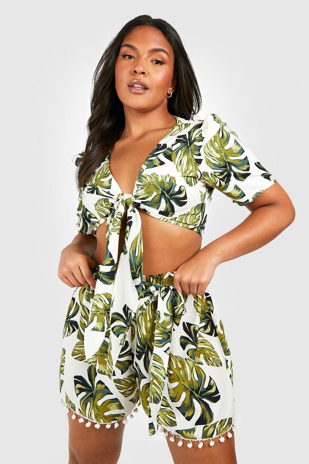 Plus Palm Print Tassel Beach Two-Piece | Boohoo.com (US & CA)