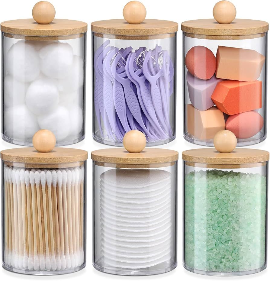 6-Pack Bamboo Qtip Holders - Bathroom Storage for Cotton Balls, Swabs, Pads, Floss | Amazon (US)