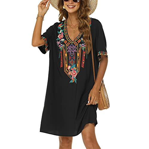 Grosy Women's Embroidered Mexican Peasant Dresses, Plus Size Fiesta Boho Dress for Women, Traditional Floral Bohemian Skirts (Medium, Black-1) | Amazon (US)