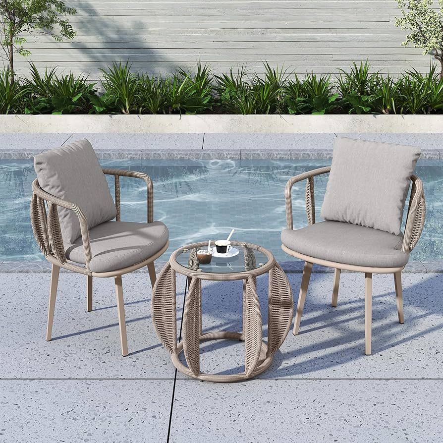 3 Piece Patio Bistro Set Wicker Outdoor Patio Furniture with Hand-Woven Rope and Aluminum Frame P... | Amazon (US)