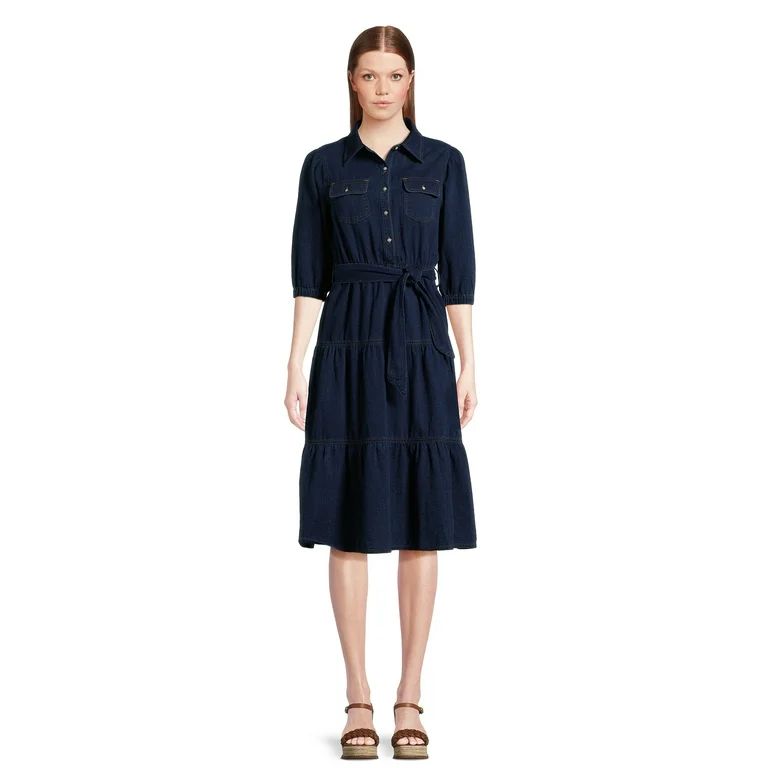 Nine.Eight Women’s Denim Tiered Western Midi Dress with ¾-Length Sleeves, Sizes XS-XXL | Walmart (US)