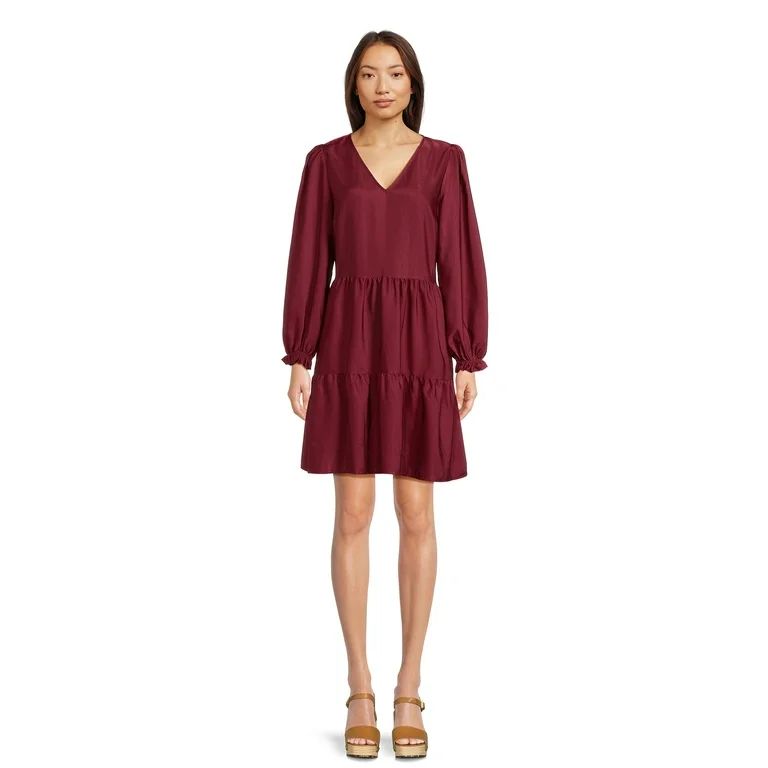 Time and Tru Women's Tiered V-Neck Satin Mini Dress, Sizes XS-XXXL | Walmart (US)