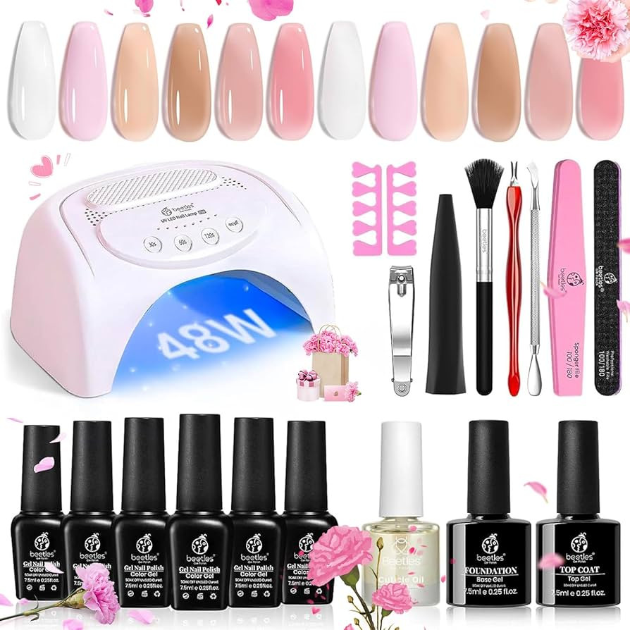 Beetles Gel Nail Polish Kit with U V LED Light 48W,6 Colors Jelly Milky White Sheer Pink Nude Gel... | Amazon (US)