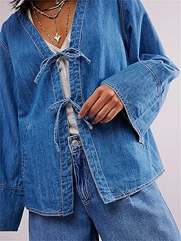 Miqil Women Y2k Tie Front Denim Jacket Casual Vintage Relax Fit Long Sleeve Classic Jean Shirt wi... | Amazon (US)