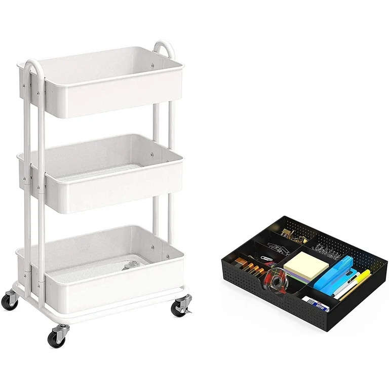 SimpleHouseware Heavy Duty 3-Tier Metal Utility Rolling Cart + Drawer Organizer Tray | Walmart (US)