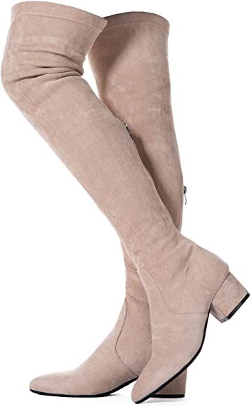 Amazon.com | Over The Knee Boots For Women Block Heel Suede Beige Size 7.5 Low Heel Pointed Toe A... | Amazon (US)