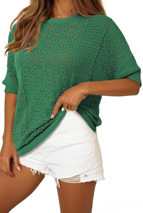EVALESS Women's Crochet Tops Short Sleeve Hollow Out Knit Sweater Spring Summer Trendy Lightweigh... | Amazon (US)