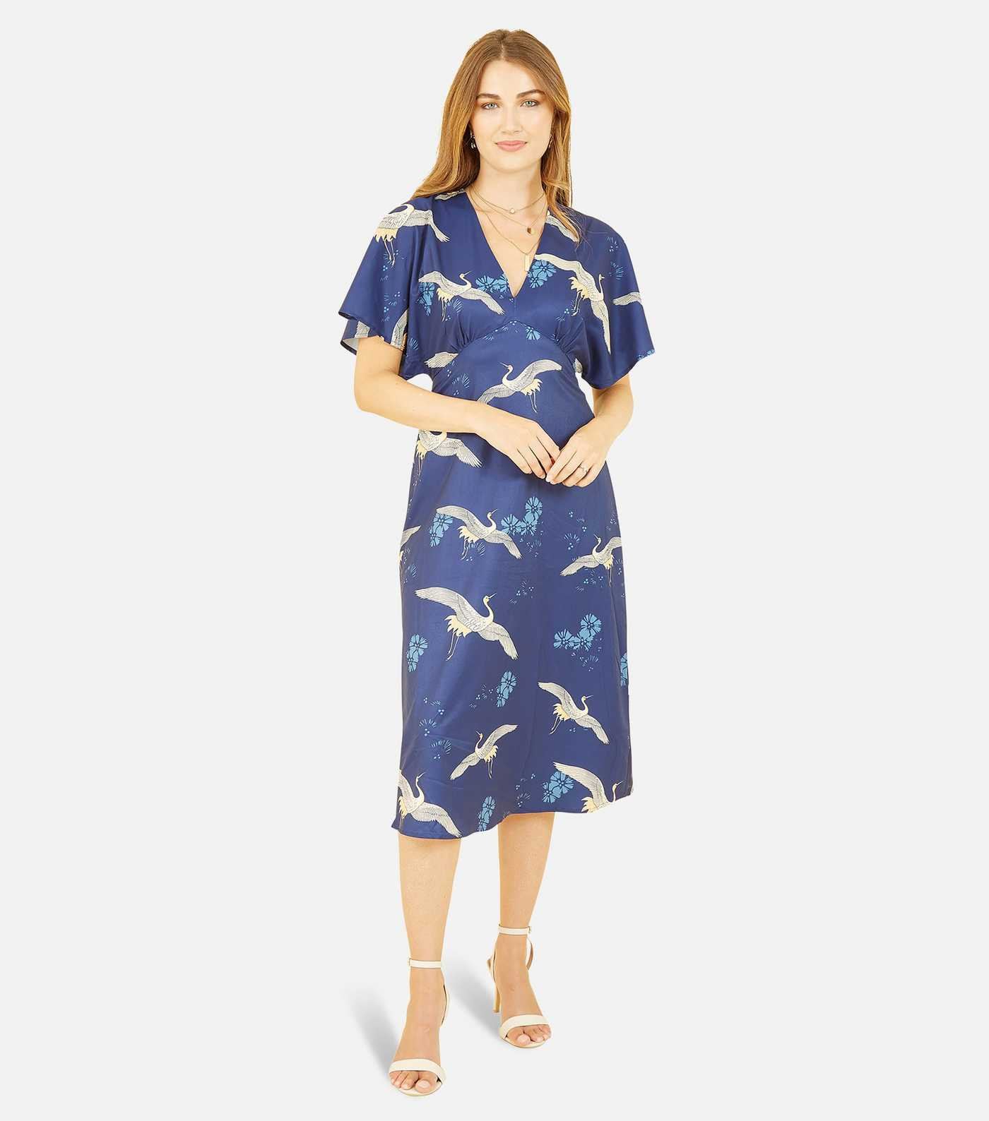 Yumi Navy Crane Print Satin Kimono Sleeve Midi Dress
						
						Add to Saved Items
						Remove... | New Look (UK)