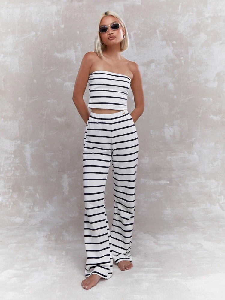 MISSGUIDED Striped Bandeau Top And Flared Pants Co-Ord Set | SHEIN