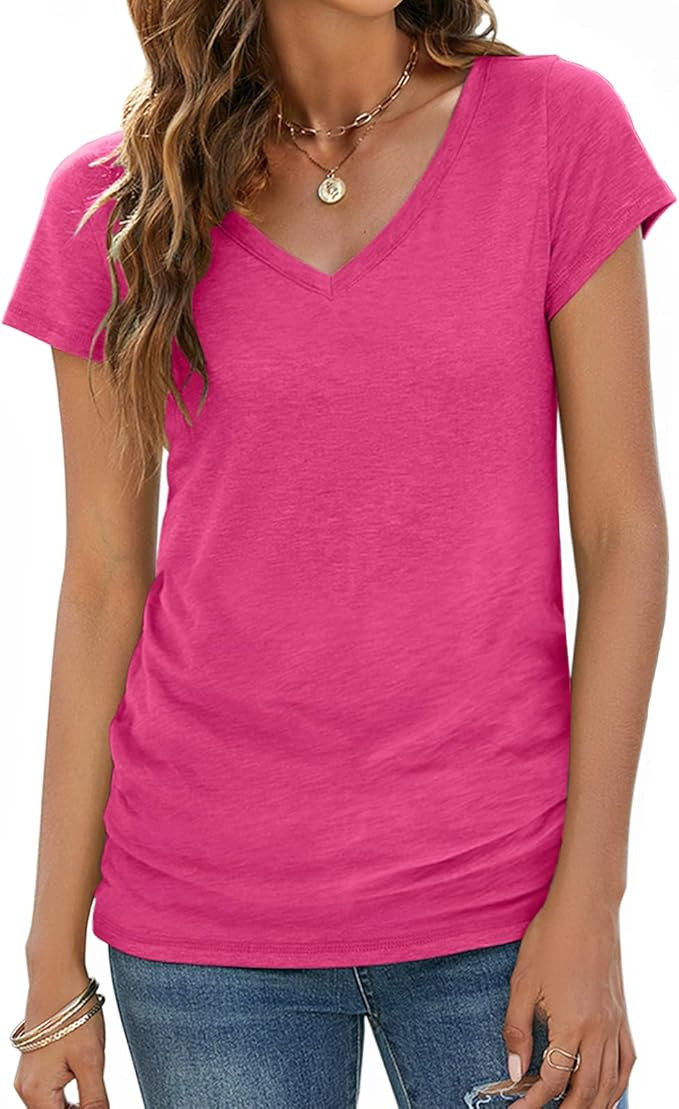Sherosa Womens T Shirts V Neck Short/Long Sleeve Casual Tops Soft Solid Basic Tee | Amazon (US)