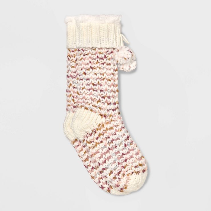 Women's Sweater Knit Faux Shearling Lined Slipper Socks with Poms & Grippers - Ivory 4-10 | Target