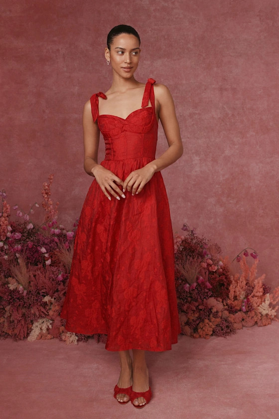 Loveliest Muse Red Burnout Floral Tie-Strap Midi Dress | Lulus